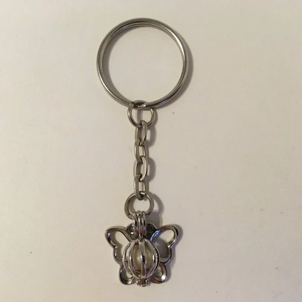 Butterfly Key Chain Silver Tone Metal Cage White Pearl Stone 3D Ring Charm Fob